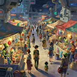 colorful, haphazard, bustling marketplace at a spaceport, alien merchants at market stalls, anime, a sci-fi digital painting by Greg Rutkowski and James Gurney, trending on Artstation, highly detailed