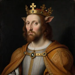 a renaissance style portrait painting of {animal}, wearing a crown and cape, dark background
