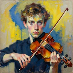 portrait of a young violinist focusing painted by vincent lefevre and hernan bas and pat steir and hilma af klint, psychological, symmetrical face, dripping paint, a lot brush marks, rendered in octane, high quality render, altermodern, masterpiece