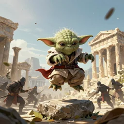 a detailed yoda disguised as ezio from assassin's creed in an action pose doing parkour evading bandits, freerunning, background ancient greece, digital art, artstation hd, ubisoft concept art, concept art