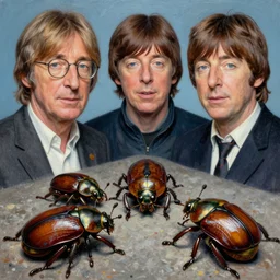 a highly detailed matte painting of john lennon, paul mccartney, george harrison and ringo starr as the faces on four insect brown beetles, on abby road, in the style of greg rutkowski and remedios varo, ultra realistic, detailed, intricate, full of color, 4 k, hyperrealistic, focused, extreme details, masterpiece