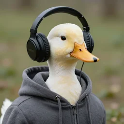 a realistic duck wearing headphones and a hoodie