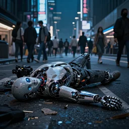 an extreme close - up shot of a hacked cyborg lying destroyed in the middle of a crowded cyberpunk city street at midnight, using nikon d 7 5 0 0 and mitutoyo 1 0 x super detailed resolution uhd hdr 4 k