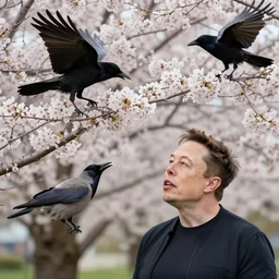 elon musk heads growing out of cherry tree as blossoms, crows interested in eating, trending on artstation, award - winning photograph, photograph by jerry uelsmann