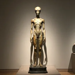 A Really tall fancy alien Statue on a museum