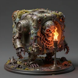 airbrushed awful mold overruning sentient cube machine by jack kirby, torch lit, fine art masterpiece baked at 3 0 0 f, matte painting, cold lighting, aged with sunlight, award winning horror, photorealistic render, cinematic