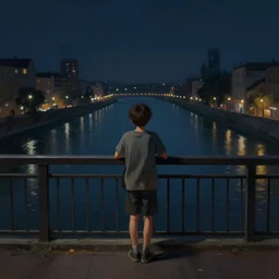 a lonely boy on a city bridge looking to the river at night, digital painting, masterpiece, digital art, hyperrealistic, concept art, octane render, unreal engine 5, trending on deviantart, sad atmosphere, centered, anatomically correct, oil painting, high contrast, serene scenery, loneliness