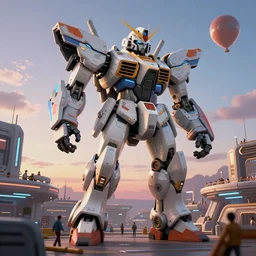 a beautiful hyperrealistic ultradetailed 3 d render of a gigantic mecha guarding a sci - fi spaceport, by skottie young : 3, mech, unreal engine, octane render, gigantic, unreal engine, octane render, 3 d, brilliantly coloured, intricate, ultra wide angle, trending on artstation, dusk, volumetric lighting, hdr, polished, micro details, ray tracing, 8 k : 2, people, sphere, balloon, blurry, blur, depth of field, dof, bokeh, obscured, macro : - 1