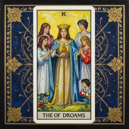 beautiful tarot card of the queen of dreams by carol bak and jacek yerka and dan mumford and alex gray and victo ngai, oil on canvas, intricate border, symmetrical, 8k highly professionally detailed, HDR, CGsociety