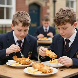 Students at a posh British public school, wearing formal school uniform, eating fish and chips
