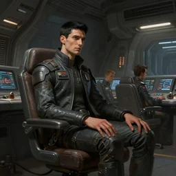 concept art by greg rutkowski, a very tall, and slender man with short black hair, sitting with the crew in the ship's control room, brutalist futuristic interior, dark lighting atmosphere, detailed portraits, nostalgic atmosphere, scifi, digital painting, artstation, concept art, smooth, sharp foccus ilustration, artstation hq