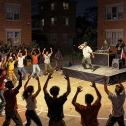 concept art of an old school hip hop concert taking place on a basketball court behind a large brick apartment at night, many people dancing with their hands in the air, a rapper is standing on stage yelling into the mic, a dj with audio equipment at the back of the stage, in the style of frank frazetta