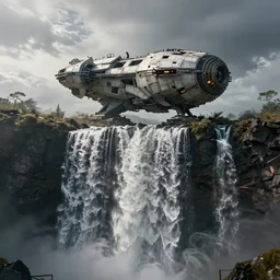 a damaged spaceship standing on top of a waterfall, beautiful landscape, environment, low angle view, hyper realism, concept art, low angle, high detail, volumetric, dramatic lighting, long shadows, ominous, misty, beautiful, by maxime bibi and jordan grimmer, breathtaking scene, cinematic, 8 k