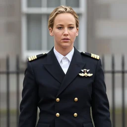 Jennifer Lawrence as a modern Royal Navy Admiral, wearing a formal mess jacket