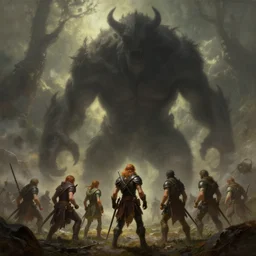 a giant shadow beast looming over a group of adventurers, fantasy horror painting by greg rutkowski and james gurney, trending on artstation, masterpiece, highly detailed, 8 k