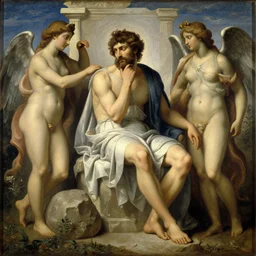 painting of a thinking man sitting on a stone surrounded by nymphs, greek