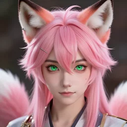 a beautiful headshot portrait of a cute anime male fox with pink hair and piercings and green eyes. character design by cory loftis, fenghua zhong, ryohei hase, ismail inceoglu and ruan jia. artstation, volumetric light, detailed, photorealistic, fantasy, rendered in octane