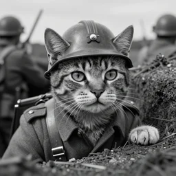 A cat as a soldier in a world war 1 trench, close-up, black and white, amazing digital art, hyper detailed, artstation, in the style of Tony Sart