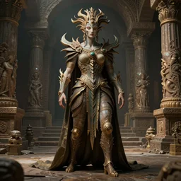 costume design made for fractal gods, sophisticated composition, old masters light composition, procedurally generated, character posing for concept art, ancient ruins behind, substance designer, PBR, HD, Ultra detailed, hyperrealistic, megascans, volumetric light, concept by master artist, made in paint tool SAI2, trending pixiv face