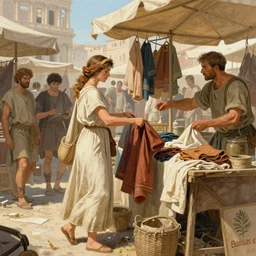 illustration of a woman at a marketplace in ancient rome, she is buying clothes from a merchant, hyper realistic, by conrad roset and ruan jia and michael garmash and james gurney and bussiere.