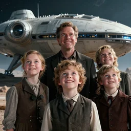 extremely sharply detailed, from blockbuster sci fi 8 k color movie freeze frame, set in 1 8 6 0, family standing in front of a crashed spaceship, on alien planet, looking happy, wearing 1 8 5 0 s era clothes, atmospheric lighting, in focus, reflective eyes, 4 mm macro lens, live action, nice composition, good photography, clear facial details