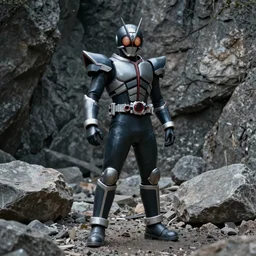 Techno Organic Creature Kamen Rider standing in a rock quarry, single character full body, 4k, glowing eyes, rock quarry location, daytime, rubber suit, pvc armor, segmented armor, biomechanical, ultra realistic, moody colors, ultra realistic, Beautiful Cinematography