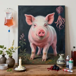“ a portrait in a female art student ’ s apartment, sensual, a pig theme, pork cuts, art supplies, surgical iv bag, octopus, ikebana, herbs, a candle dripping white wax, japanese pottery, squashed berries, berry juice drips, acrylic and spray paint and oilstick on canvas, surrealism, neoexpressionism ”