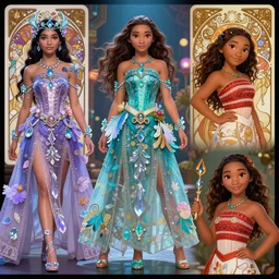 Character concept fashion spot illustrations of Disney's Raya and the Last Dragon and Moana and Encanto crossover, colorful, full-body, bloom, dynamic poses, diaphanous cloth, intricate crystalline and feather jewelry, ornate, filigree, arcane, cinematic lighting, by Artgerm, by Alphonse Mucha, by Bouguereau, by Sakimichan, fantasy, portfolio illustration, highly detailed, trending on Artstation, CGsociety, HQ, 8k, 35mm lens, f2.8, Bokeh,