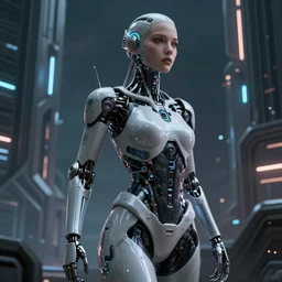 ultra realistic, beautiful female cyborg lost in a space metropolis, sci-fi, cyberpunk, concept art, intricate details, eerie, highly detailed, octane render, 8k