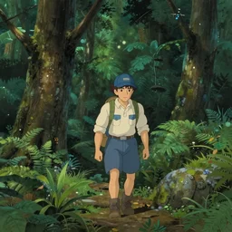 a man with a baseball hat hiking through a deep lush forest space ship pilot in the style of studio ghibli, j. c. leyendecker, greg rutkowski, artem