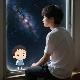 guy sitting in window looking out at space, anime, detailed anime, hyper realistic anime, realistic anime, manga anime, chibi anime, detailed, highly detailed, hd, 4 k, sharp, clear, high res, high quality, cinematic, 2 point studio lighting,