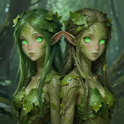 A realistic anime portrait of a beautiful dryad twins with glowing green eyes and tree bark skin wearing clothes made of leaves, digital painting, by Stanley Artgerm Lau, Sakimichan, WLOP and Rossdraws, digtial painting, trending on ArtStation, SFW version