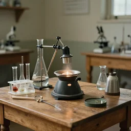 alchemy laboratory on wooden table