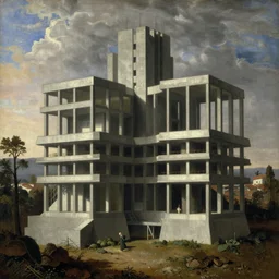 classical landscape paintings of brutalist concrete structures, masterpiece, insanely detailed and intricate, by eugene von guerard and bernardo bellotto