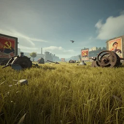 a highly detailed beautiful matte painting of the Outer Worlds screenshot, a tall grass field, broken machinery communist propaganda posters, 1920, 8k graphic design
