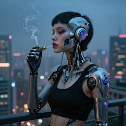 A cyberpunk cybernetic synthwave cyborg android smoking weed while staring out at the city below