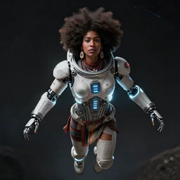beautiful afrofuturistic himba woman wearing otjize and a glowing spacesuit, robotic arms, weightless in space, hyperrealistic, scifi, concept art, digital art, portrait, dark, muted colors