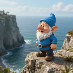 cinematic shot of a blue gnome standing on the edge of a cliff by the ocean, 8k, highly detailed, highly intricate,