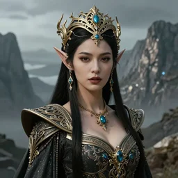 Majestic and regal portrait of a riveting and awe inspiring female High Elf nobility, fantasy mountainous background, intricate, epic, elegant, menacing, fantasy, photo realistic, digital matte painting, hard focus, beautiful volumetric lighting, epic light, ultra detailed, by Leesha Hannigan, Ross Tran, Thierry Doizon, Kai Carpenter, Ignacio Fernández Ríos