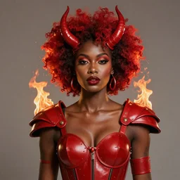 african queen wearing red demon armor. red afro on fire, beautiful face, inspired by artgerm