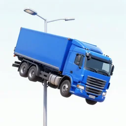 blue truck stuck on a street light pole