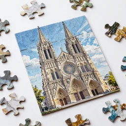 Pieces of a jigsaw puzzle scattered over a surface. The drawing on the pieces forms a large cathedral