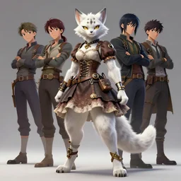 wide angle beautiful full body portrait of a strong female anthropomorphic anthro lynx fursona wearing a steampunk dress. character design by disney, anime, manga, charlie bowater, ross tran, artgerm, and makoto shinkai, detailed, soft lighting, rendered in octane, white fur