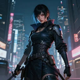 candid action photo of a fierce dangerous female cyberpunk hacker samurai in neotokyo at night, futuristic cyberpunk tokyo night, sci - fi and fantasy, intricate and very beautiful, highly detailed, digital painting, artstation, concept art, smooth and sharp focus, illustration, art by tian zi and wlop and alphonse mucha