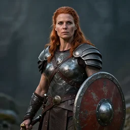 female norse yarl with ginger hair, middle aged, armour and shield, epic lighting, muscular, portrait, artstation