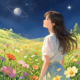 a girl among a flower field thinks about space, graceful, an ultrafine detailed illustration by kim jung gi, bright colors, unreal engine 5 highly rendered, detailed and intricate environment