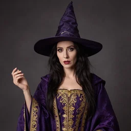portrait of a witch, dressed in purple, gold embroidery, by gerald brom.