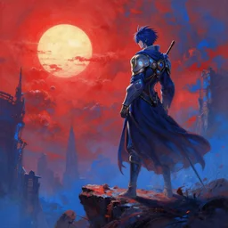 Crimson and azure become as the sun, detailed digital rational painting art by Greg Rutkowski, magic fantasy highly detailed, digital concept art, sharp focus, realistic concept art by Stephen Hickman and James Gurney and Hiromasa Ogura Ghost in the Shell rendered in Octane Render, From a distance