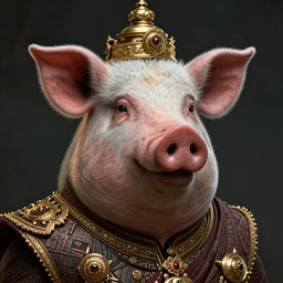 a portrait of King Vajiralongkorn with the facial features of a pig, realistic face, grimdark extremely detailed fantasy art by Gerald Brom, octane render
