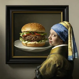 back view of man watching portrait of hamburger in still life in frame. dutch masters, 1 8 th century. oil on canvas. juicy, fresh, delicious, mouth - watering